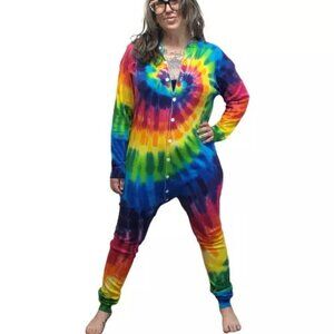 Vtg 90s SUNDOG Psychedelic Rainbow Swirl Tie Dye Union Suit Unisex XL - EUC